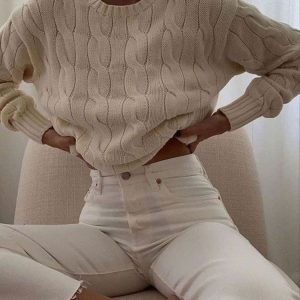Chunky Braid Crew necks Twist Knit Pima Cotton Sweater Pullover