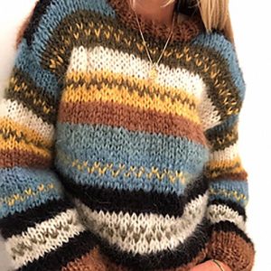 Retro Color Block Stripe Chunky Knitted Jumper Colored Knitwear Sweater